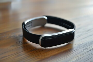 Poster - modern smart watch is sitting on a wooden table with a blank screen facing up