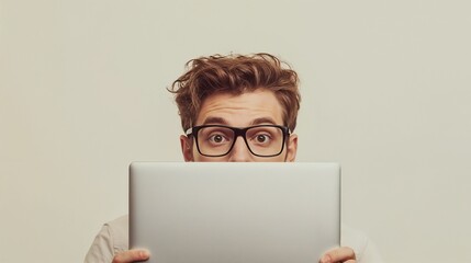 Poster - A man, who is wearing glasses, is holding a laptop in front of his face