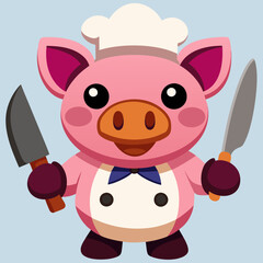 Sticker - pig cook with kitchen machete in one hand vector illustration