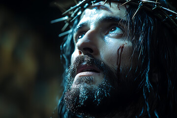  Jesus Christ   illuminated by a single beam of light from above. A crown of thorns rests on His head, casting soft shadows on His serene face. The scene is somber and reverent