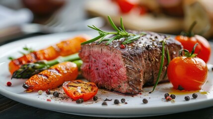 Sophisticated beef steak dish presented in an upscale dining setting.