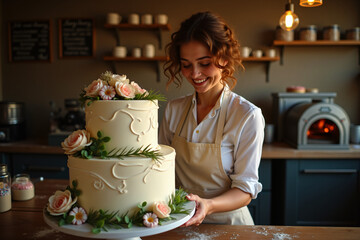 Woman decorating wedding cake in rustic bakery