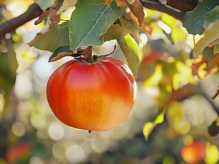 Ripe Persimmon Hanging on Tree