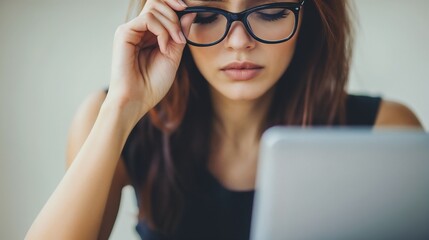 Poster - A woman who is wearing glasses is intently looking at a laptop computer