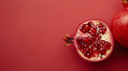 Wall Mural - Half-cut pomegranate with seeds, deep red color, minimal design, copy space 