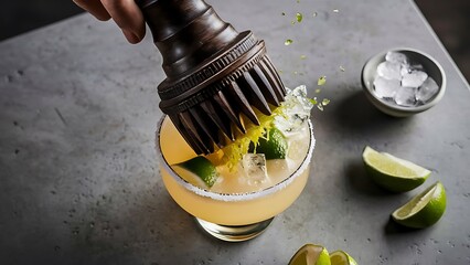 Close up view of wooden squeezer, refreshing sour alcohol cocktails with lime and ice on grey tabletop