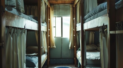 Quaint and rustic shared bedroom with wooden bunk beds, softly lit by natural light from a small window, exuding a cozy and intimate ambiance.