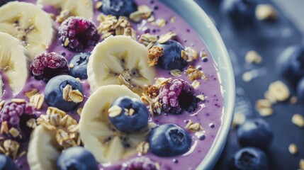 Wall Mural - An overhead shot of a colorful smoothie bowl filled with berries, banana slices, and granola, emphasizing a nutritious and appetizing breakfast.