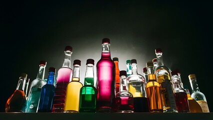 Low angle view of bottles with colorful liquid on dark background with back light