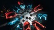 © Kartik - Low angle view of bottles with colorful liquid on dark background with back light