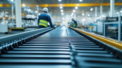 Poster - Conveyor belts in a modern factory, workers maintaining a safe and efficient production line with focus on safety protocols.