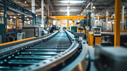 Poster - Conveyor belts in a modern factory, workers maintaining a safe and efficient production line with focus on safety protocols.