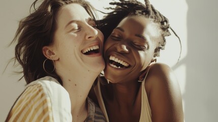 Wall Mural - Two friends laugh heartily while enjoying a cheerful and affectionate moment together in a soft-lit setting, exuding warmth and happiness.