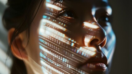 Close-up of a face covered in digital streams and binary code, symbolizing the blending of human identity with cyber technology.