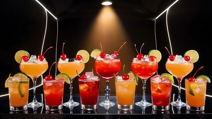 Zesty and delicious cocktails with cherries, ice and lime on black backdrop, concept