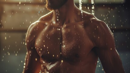 Water cascades over a muscular man’s chest in soft, golden light, highlighting every contour of strength and texture.