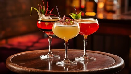 Close-up view of glasses with alcohol cocktails on wooden table