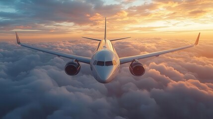 Wall Mural - majestic passenger jet soaring through dramatic cloudscape golden sunlight gleaming off sleek fuselage against vivid blue sky