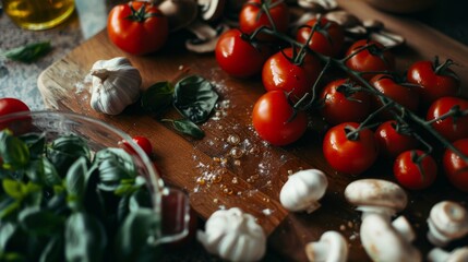 Wall Mural - A vibrant array of fresh tomatoes, garlic, mushrooms, and basil arranged on a wooden cutting board, ready for cooking.