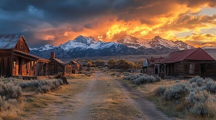 Dramatic sunset illuminating a row of abandoned wooden buildings on a dirt road of a wild west town with mountains in background
