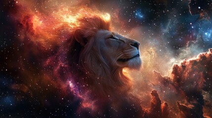 Poster - Leo's fiery spirit shines bright in space, with the sign surrounded by ethereal nebulas and the distant light of stars.