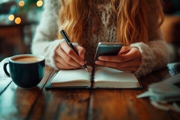 Poster - Woman writing in a notebook while holding a smartphone.
