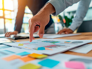 Canvas Print - Business team analyzing charts and graphs on a wooden desk background.