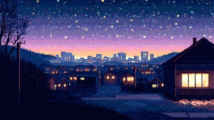 Wall Mural - A serene pixel art night scene with glowing windows and a starry sky.