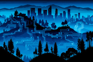 Aufkleber - Futuristic cityscape with circuit board patterns on a blue-toned forest background.
