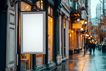 Wall Mural - Blank store sign on a city street with blurred lights and buildings in the background.