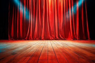 Aufkleber - Empty theater stage with red curtains and spotlight beams.