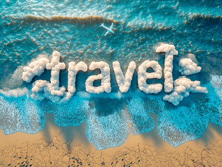 Poster - Aerial view of word travel written with clouds over ocean waves and sandy beach. Ai generative.