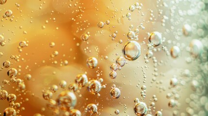 Canvas Print - Close-up of golden bubbles rising in a sparkling liquid, creating an ethereal and effervescent background with a warm, amber hue.