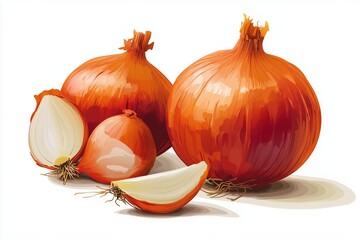 Wall Mural - Ripe onions with half and slice lying on white background