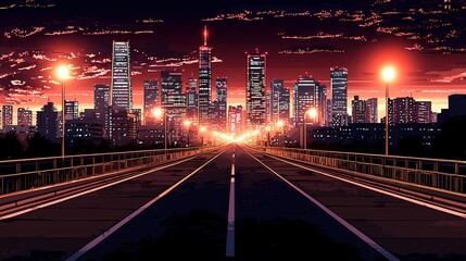 Vibrant city skyline at dusk with glowing street lights and a serene road.