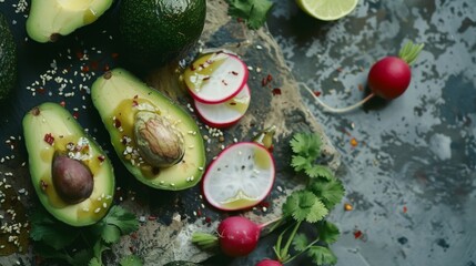 Sticker - A rustic arrangement of fresh avocados, radishes, lime slices, and herbs, creating a vibrant and appetizing display.