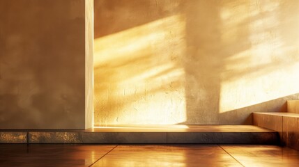 Canvas Print - Warm sunlight streams through a minimalist space, casting soft shadows on beige walls and marble tiles, creating a serene and inviting ambiance.