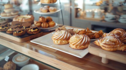 Wall Mural - A display of various pastries in a bakery, beautifully arranged on platters and stands, showcasing an assortment of delectable treats.