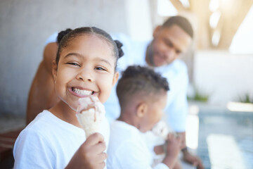 Poster - Kid, portrait and eating icecream outdoor for dessert, sweet treat or bonding with family. Girl, child or excited face with vanilla cone for snack, summer break or enjoyment with holiday fun or relax