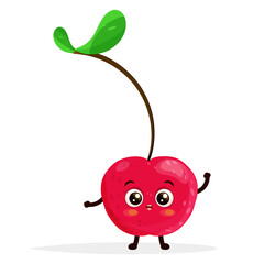 Cartoon character red happy cherry with green leaf standing and waving hand, excited smiling expression, saying hello, flat vector illustration isolated on white background.