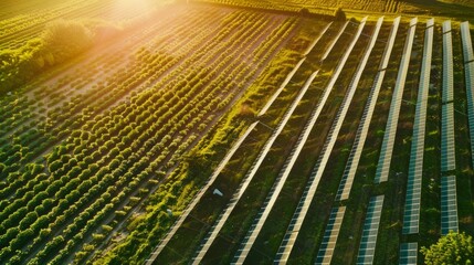 Sunlit aerial view of sprawling vineyards and solar panels, capturing the harmony between nature and renewable energy.