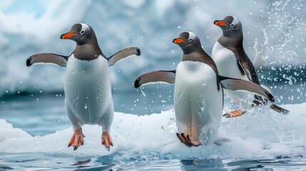 Poster - Three penguins are playing in the water, one of them jumping out of the water