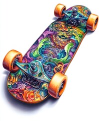 Wall Mural - A colorful skateboard featuring intricate designs and vibrant patterns.