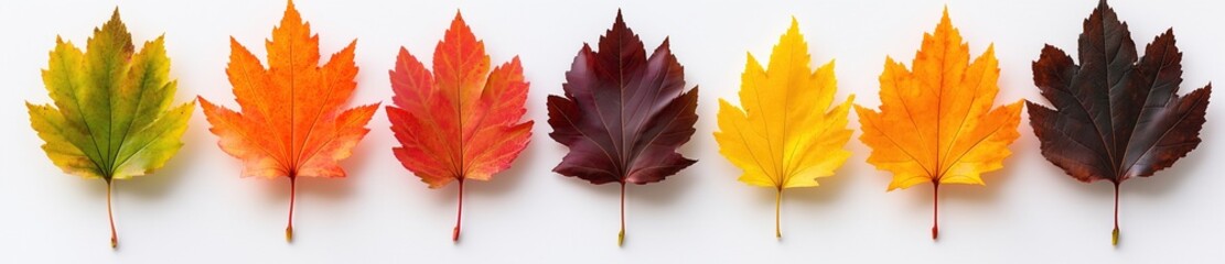 a set of colorful autumn maple leaves isolated on a white background, with copy space