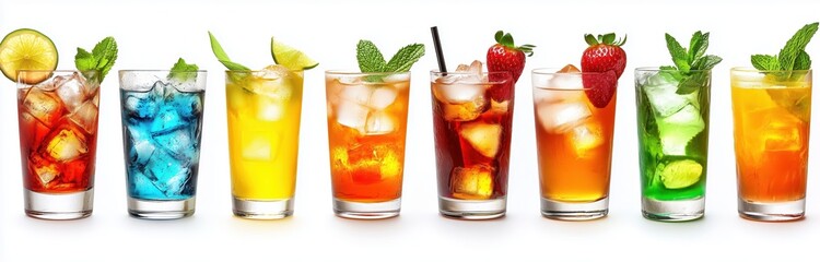 Wall Mural - Set of colorful cocktails and margaritas with ice cubes in glasses, isolated on a white background