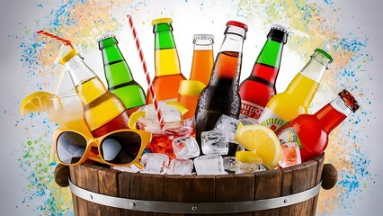 Bottles with tasty drinks in bucket with ice cubes, in bright background