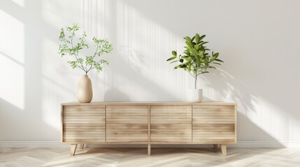 Wall Mural - A sleek wooden cabinet graces a sunlit room, stylishly displaying a leafy plant and a tall vase, casting soft shadows on the walls and floor.