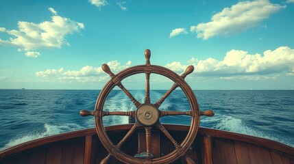 Wall Mural - The ship wheel of a yacht, poised for adventure, with the calm sea and sky providing a tranquil backdrop.