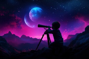 A child is seen using a telescope under a brilliantly lit, surreal night sky featuring two moons, with mountains silhouetted in the background and a mix of colorful lights.