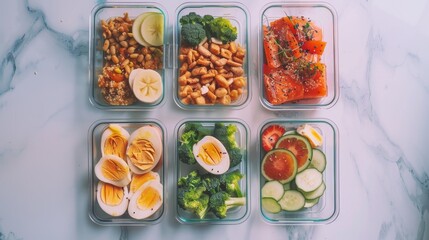 Wall Mural - A beautifully arranged set of healthy meal prep containers on a marble countertop, showcasing a variety of colorful, nutritious foods ready to be enjoyed.